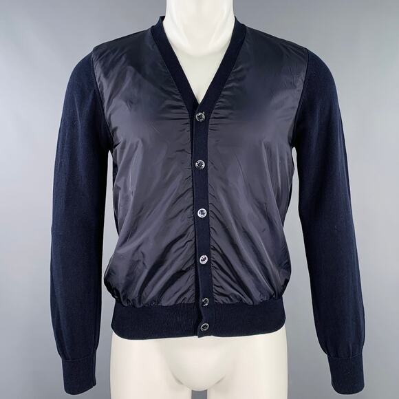 MONCLER Size M Navy Mixed Fabrics Cotton V-Neck Cardigan - Picture 1 of 10
